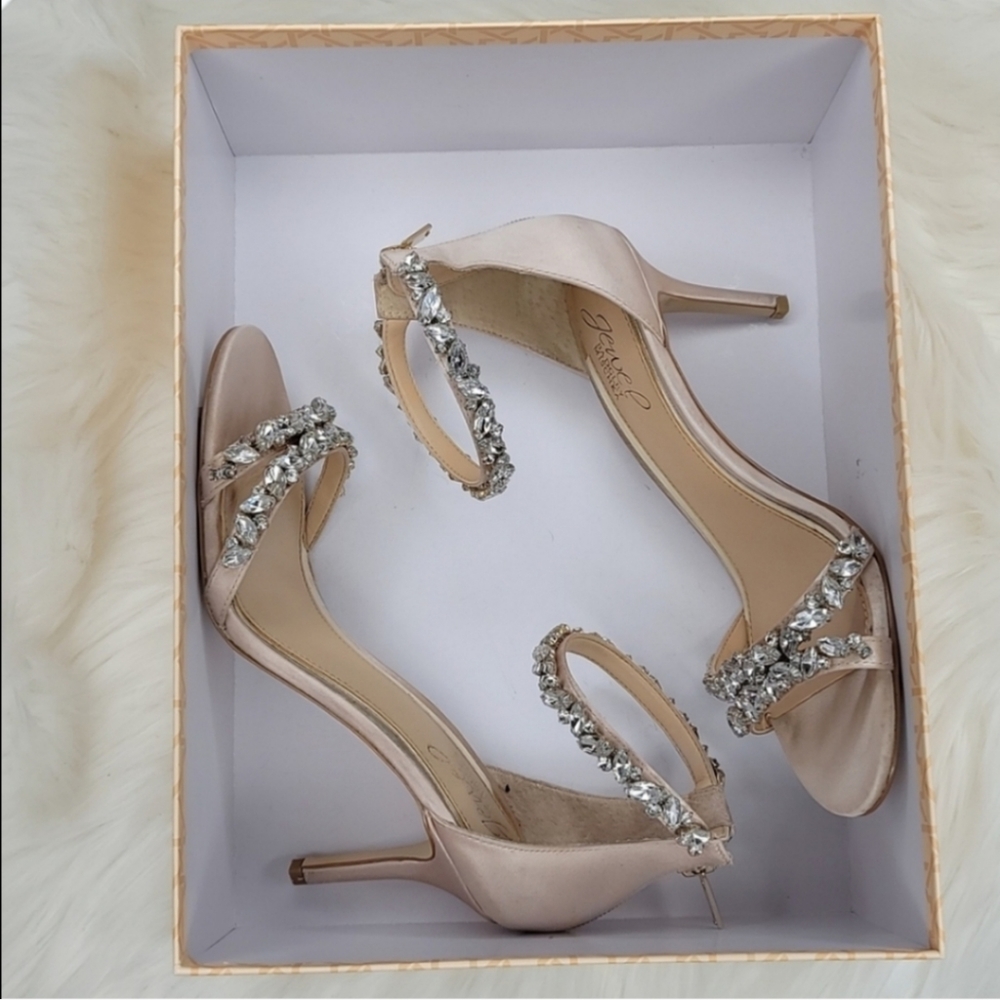 JEWEL BADGLEY MISCHKA Caroline Embellished Strap Evening Shoe Heels Champagne - Picture 4 of 16